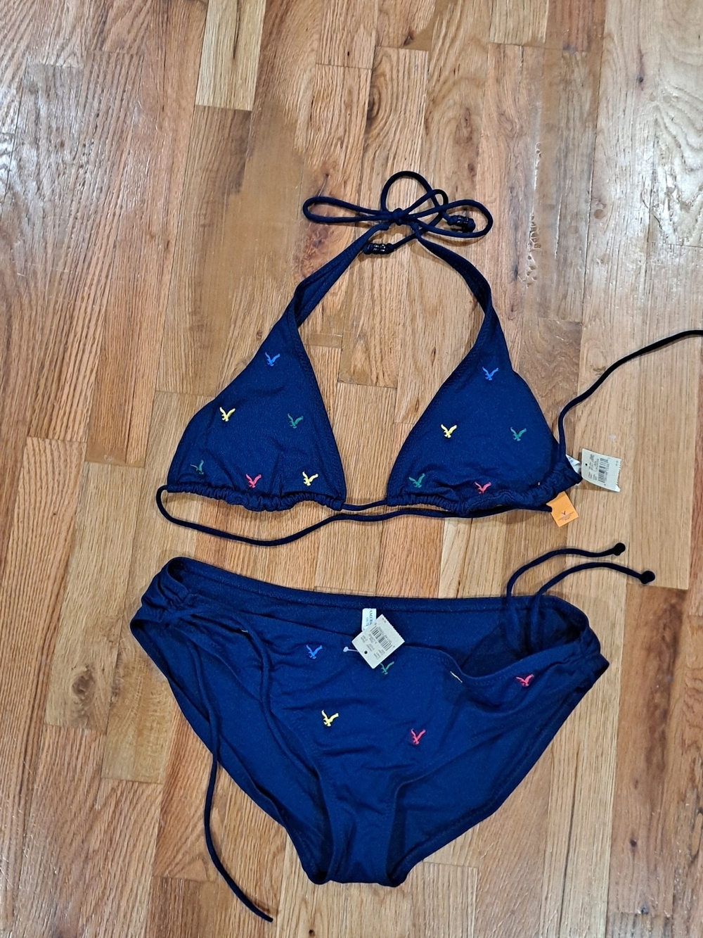 American Eagle Outfitters Navy Triangle Bikini with Multicolor Embroidery